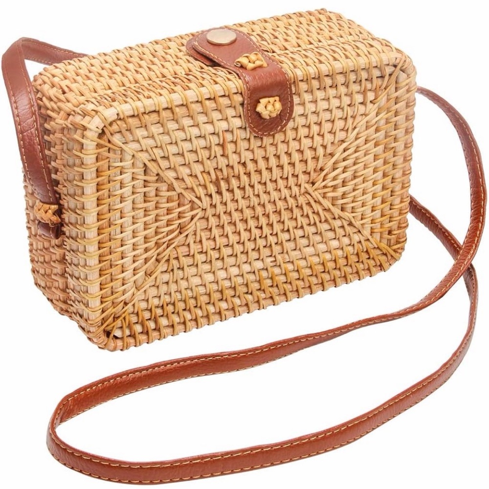 Brown Woven Crossbody Bag with Red Tassel